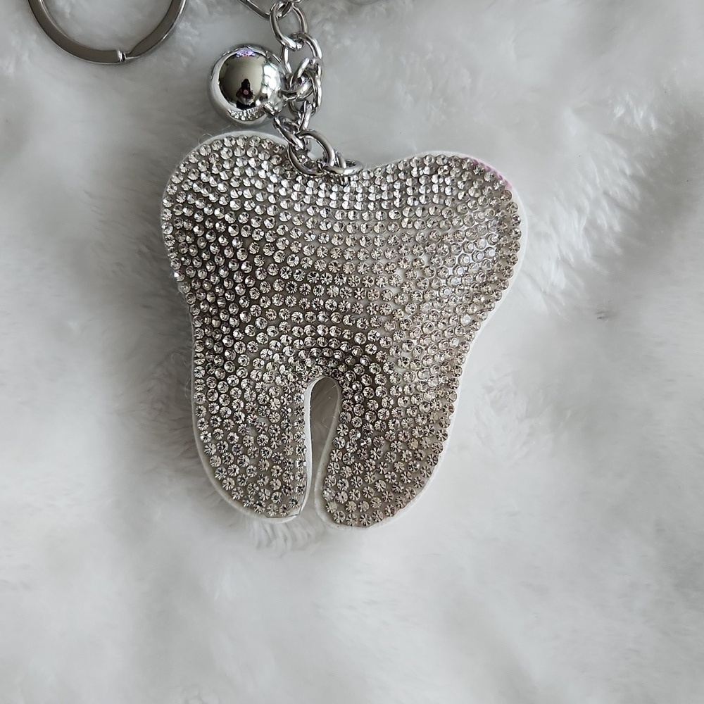 Silver Rhinestone Tooth Keychain Bag Charm - Picture 2 of 3